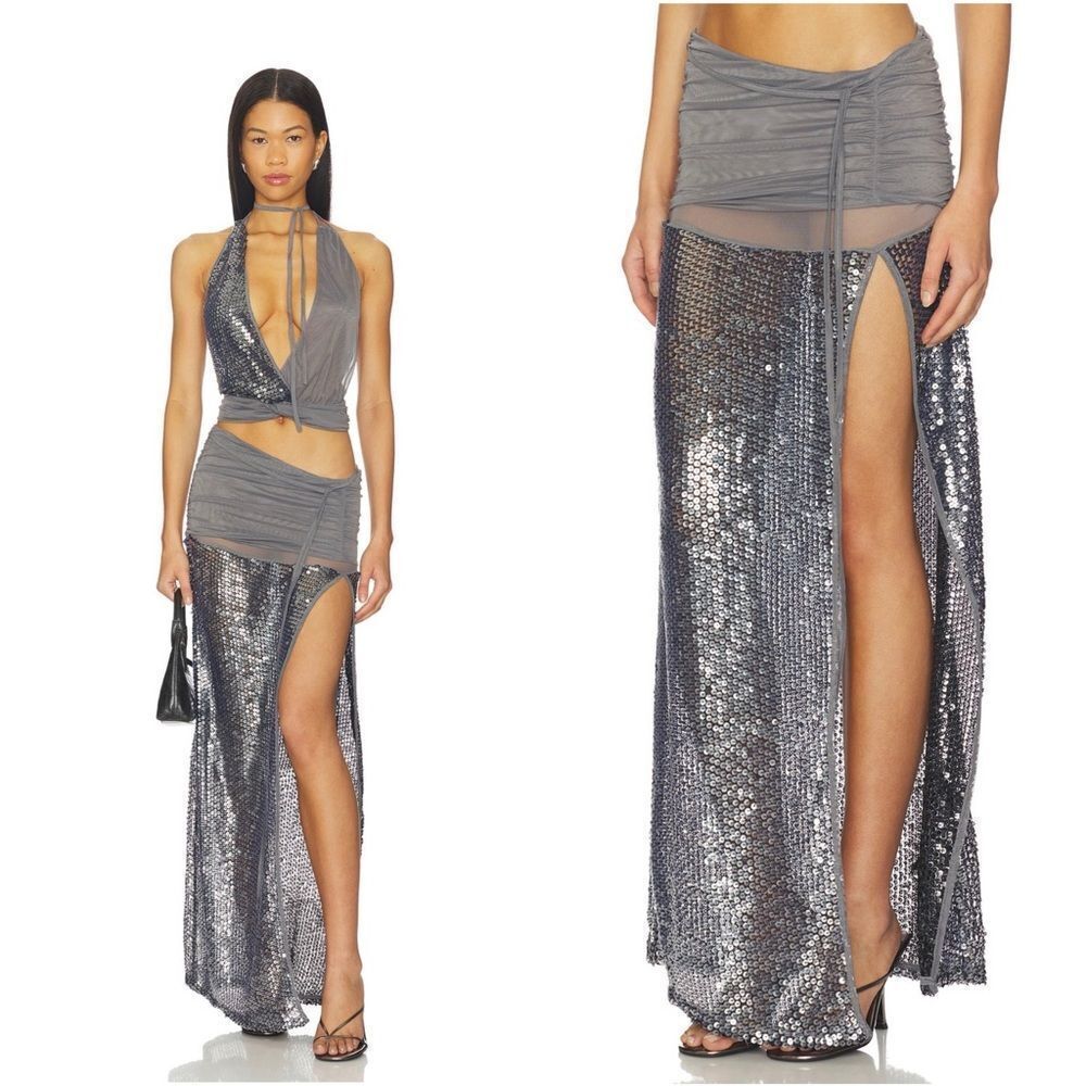 Jaded London Sequin Mesh Maxi Skirt in Grey